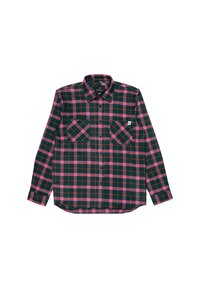 Long-sleeve plaid shirt in dark green, pink, and red. Features two chest pockets with diamond patterns and a button-up front.