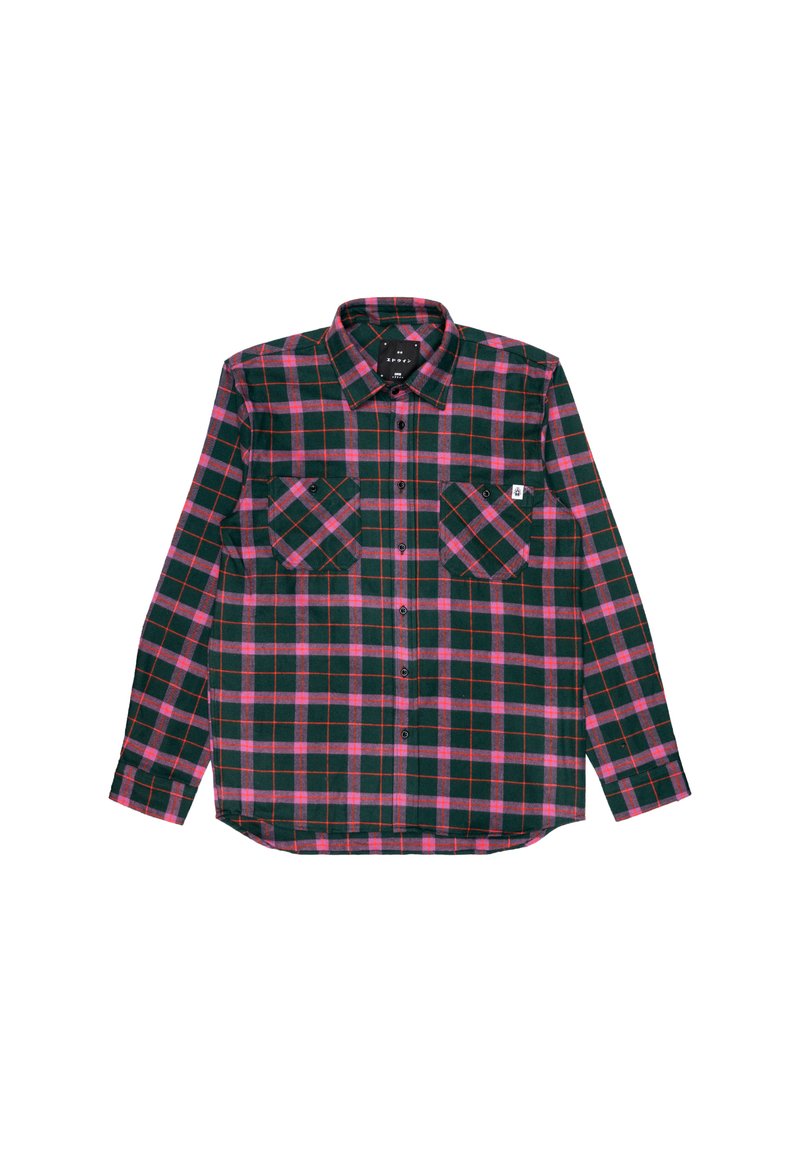 Long-sleeve plaid shirt in dark green, pink, and red. Features two chest pockets with diamond patterns and a button-up front.