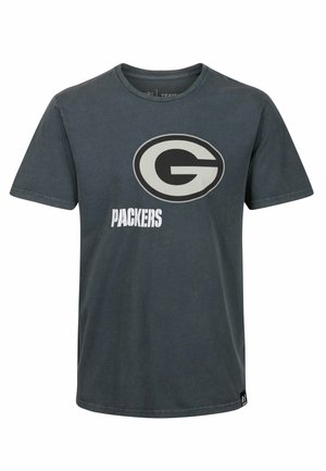T-shirt in cotone grigio con maniche corte, caratterizzato da un grande logo "G" verde e grigio e la scritta "PACKERS" in bianco sotto il logo.