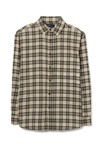 Camisa de cuadros beige con patrón a cuadros en verde oscuro y marrón, mangas largas, cuello abotonado y un bolsillo en el pecho. Material de algodón.