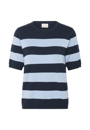 Tengerészkék és világoskék csíkos póló, kötött anyagból, rövid ujjal, kerek nyakkivágással, oldalsó hasítékokkal az alján, laza fazonnal.