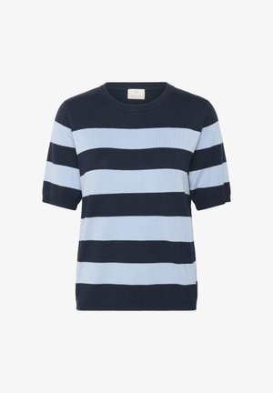 Tengerészkék és világoskék csíkos póló, kötött anyagból, rövid ujjal, kerek nyakkivágással, oldalsó hasítékokkal az alján, laza fazonnal.