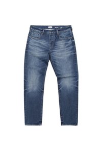 Blaue Denim-Jeans mit geradem Schnitt, versehen mit einer bereits verblassten Waschung, Fünf-Taschen-Design und dezenten Auswaschungen auf der Vorderseite.