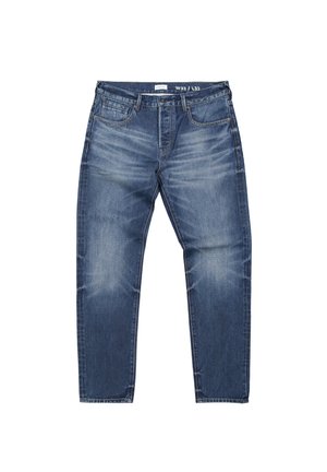 Blue denim jeans with a straight cut, featuring a faded wash, five-pocket design, and subtle whiskering on the front.