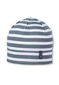 Berretto a righe grigio e bianco, realizzato in materiale morbido. Presenta un bordo ripiegato e un'etichetta nera sul lato.