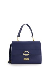 Navy blue textured leather handbag with a top handle and adjustable shoulder strap, featuring a gold-tone hardware and logo accent.