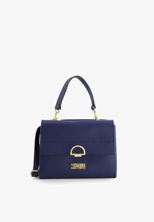 Navy blue textured leather handbag with a top handle and adjustable shoulder strap, featuring a gold-tone hardware and logo accent.