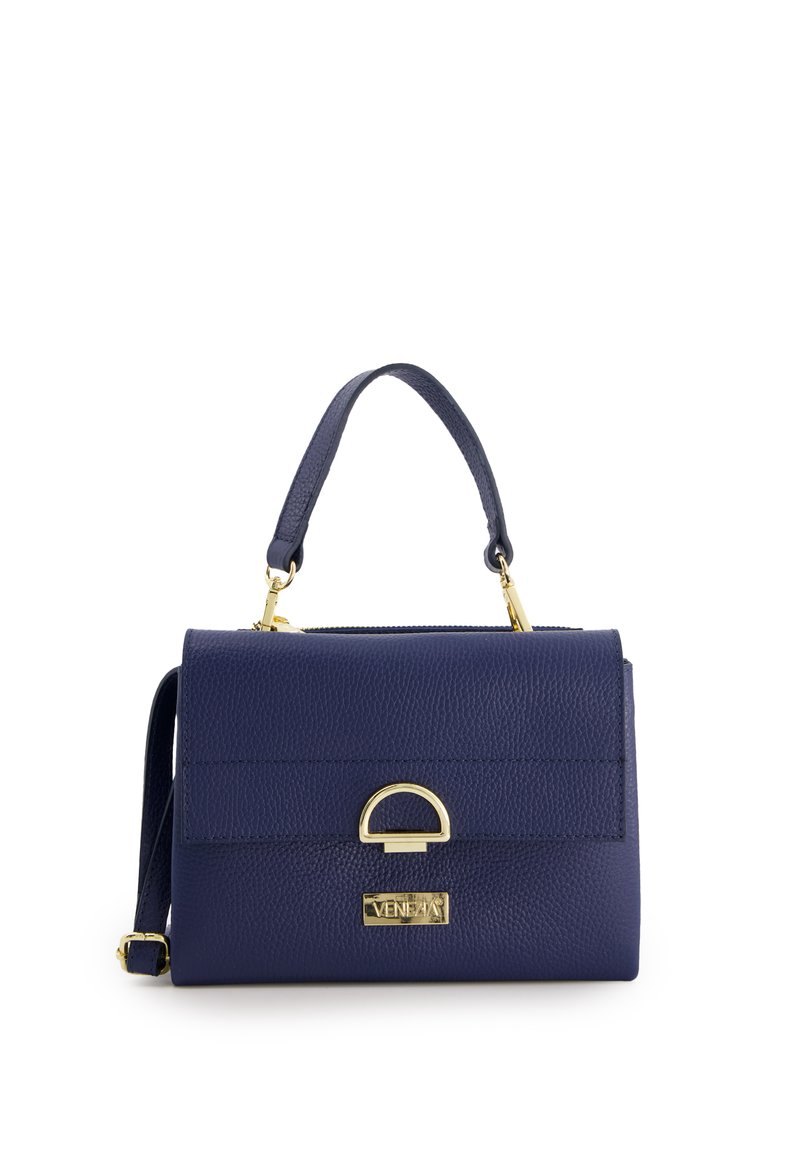 Navy blue textured leather handbag with a top handle and adjustable shoulder strap, featuring a gold-tone hardware and logo accent.