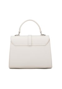 Borsa strutturata bianca realizzata in materiale sintetico testurizzato, con manico superiore, patta ripiegata e dettagli in metallo argentato.