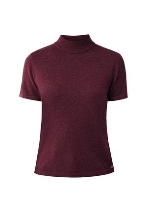 Korte mouw, bordeaux gebreide top met een opstaande kraag en rechte zoom, weergegeven op een witte achtergrond.