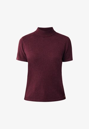 Maglietta a maniche corte di maglia bordeaux con collo alto e orlo dritto, mostrata su uno sfondo bianco.