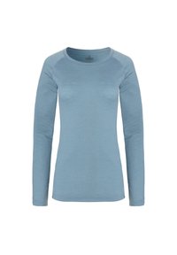 Lichtblauw blouse met lange mouwen van een textuurstof, met een ronde halslijn en contrasterende stiksels op de schouders.