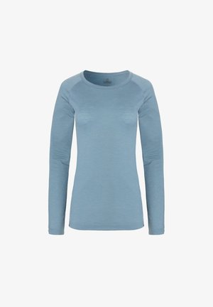 Lichtblauw blouse met lange mouwen van een textuurstof, met een ronde halslijn en contrasterende stiksels op de schouders.