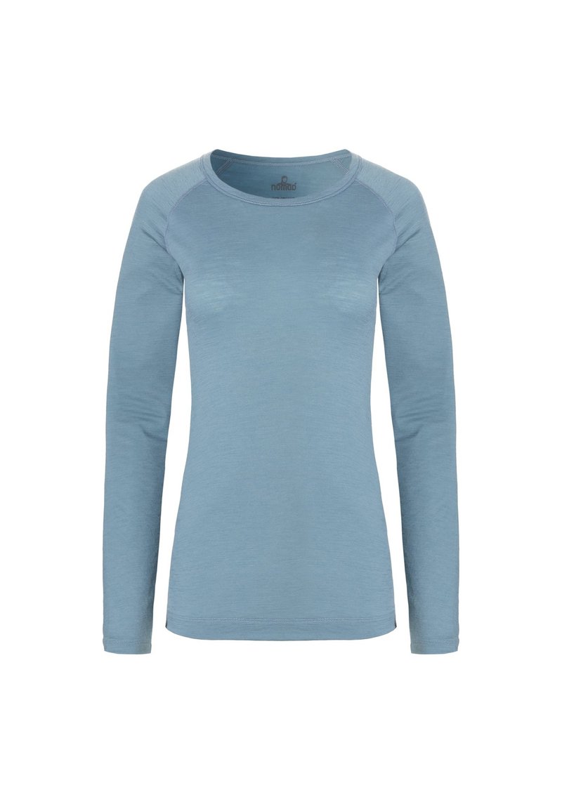 Lichtblauw blouse met lange mouwen van een textuurstof, met een ronde halslijn en contrasterende stiksels op de schouders.