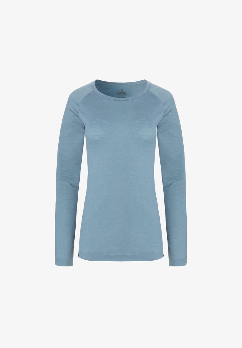 Lichtblauw blouse met lange mouwen van een textuurstof, met een ronde halslijn en contrasterende stiksels op de schouders.