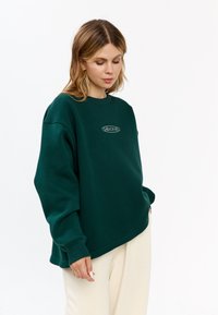 Felpa verde con colletto a giro, vestibilità oversized e logo ricamato. Tessuto morbido, polsini e orlo a costine. Abbinata a pantaloni chiari.