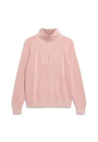 Pull-over en tricot rose avec col montant, fermeture éclair au quart, texture côtelée et manches larges. Présente un panneau géométrique au niveau de la poitrine.
