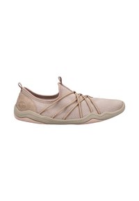 Leichte, beiger Mesh-Schuh mit strukturierter Oberfläche und flexibler, gebogener Sohle. Mit über Kreuz verlaufenden elastischen Riemen und subtiler Markenkennung an der Ferse.