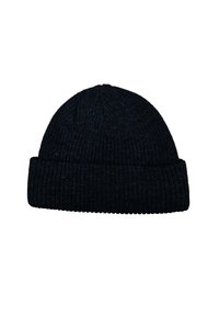 Berretto lavorato a maglia in blu navy scuro con risvolto. Texture morbida, parte superiore senza cuciture e design a coste per elasticità e comfort.