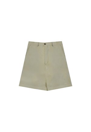 Khaki shorts van katoen met een rechte snit, voorzien van een frontale knoopsluiting en twee zijzakken. Glad textuur en geen zichtbare patronen.