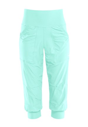 Mint green capri pants made of lightweight fabric, featuring a wide waistband, side pockets, and gathered detailing on the hips.