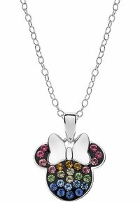 Silver kedja halsband med en svart Minnie Mouse-hänge prydd med flerfärgade rhinestones och en vit rosett.