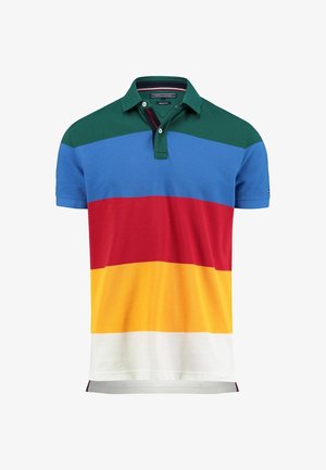 Polo met horizontale kleurvlakken: donkergroene kraag, blauwe, rode, gele en witte strepen van boven naar beneden.