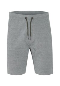 Pantalones cortos de algodón grises con cintura elástica, cierre con cordón y bolsillos laterales. Textura suave y diseño hasta la rodilla.