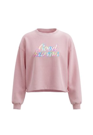 Felpa rosa a maniche lunghe con scollo rotondo e testo color arcobaleno "Good karma" sul davanti, polsini a coste e orlo leggermente corto.
