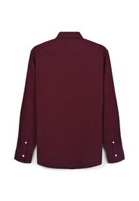 Camicia bordeaux a maniche lunghe in marl con colletto alla francese, polsini con bottone e orlo dritto. Tessuto liscio, senza pattern visibili.