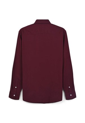 Camicia bordeaux a maniche lunghe, tessuto di cotone, davanti con bottoni, colletto ampio, polsini con un bottone e una texture liscia. Vista posteriore mostrata.
