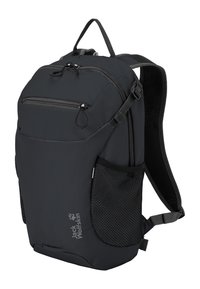 Sac à dos Black Jack Wolfskin avec plusieurs compartiments zippés, poches latérales en mesh, bretelles rembourrées et poignée supérieure pour le transport.