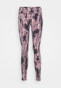 Różowo-czarne legginsy w wzory z eleganckim designem, dopasowanym krojem i gładką teksturą, idealne do aktywności fizycznej.
