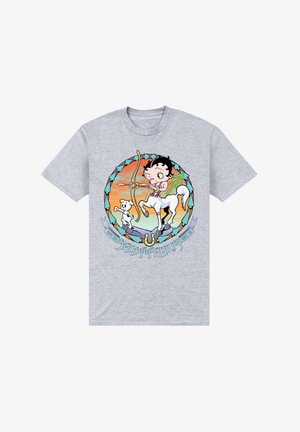 Szara koszulka z kolorowym rysunkiem przedstawiającym dziewczynkę z łukiem i strzałami, jadącą na jednorożcu z niedźwiedziem, otoczoną liśćmi.