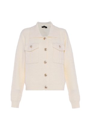 Cardigan in lana color crema con maniche lunghe, collo ampio, chiusura frontale con bottoni e due tasche sul petto con bottoni.