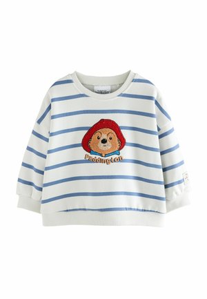 Gestreepte sweatshirt in wit en lichtblauw, met een geborduurd Paddington bear ontwerp op de voorkant. Zacht materiaal, ronde hals en boorden.