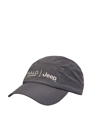 Mørkegrå stof baseballkasket med syninger og hvidt broderet tekst "HALO | Jeep" på frontpanelet.