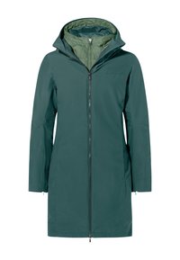 Giacca impermeabile verde con zip completa e cappuccio. Presenta una texture liscia e opaca e un design leggero. Include una fodera interna a contrasto.