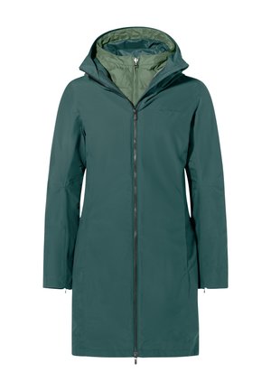 Grüne wasserfeste Jacke mit durchgehendem Reißverschluss und Kapuze. Verfügt über eine glatte, matte Textur und ein leichtes Design. Enthält ein kontrastierendes Innenfutter.