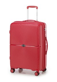 Valigia rigida rossa con motivo circolare, doppio zip, manico retrattile e quattro ruote per una facile mobilità. Logo del marchio ben visibile.