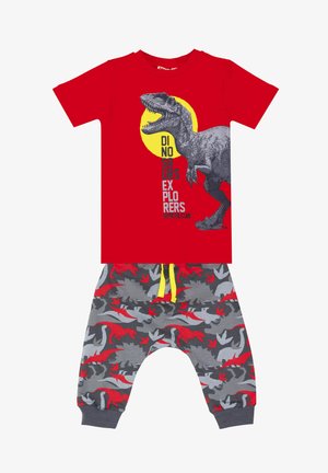 Rotes Baumwoll-T-Shirt mit einem Dinosaurier-Motiv und Text. Graue Hose mit roten Dinosaurier-Mustern und gelbem Kordelzug.
