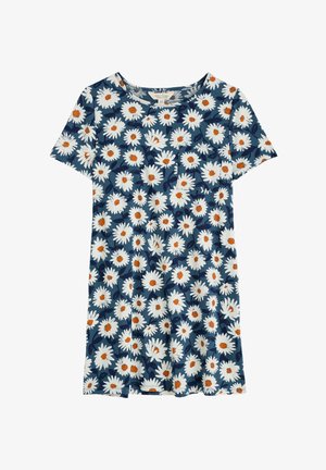 Sukienka z krótkim rękawem o okrągłym dekolcie, z granatowym tłem ozdobionym białymi stokrotkami z pomarańczowymi środkami. Miękka tkanina.
