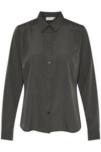 Camicia a maniche lunghe grigia scura con bottoni, realizzata in materiale liscio. Presenta un colletto classico, bottoni frontali e tasche laterali discrete.