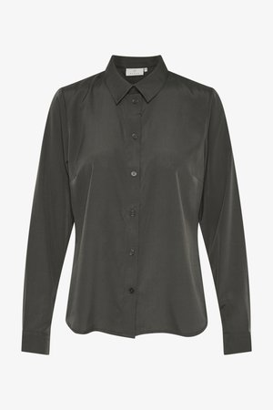Camicia a maniche lunghe grigia scura con bottoni, realizzata in materiale liscio. Presenta un colletto classico, bottoni frontali e tasche laterali discrete.