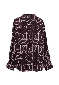 Chemise noire à manches longues, boutonnée, avec un motif géométrique de cercles et lignes rose clair, col italien et poignets boutonnés.