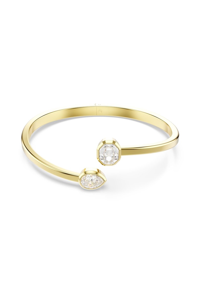 Bracelet en or avec des gemmes claires : une en forme de poire et l'autre hexagonale, montées à chaque extrémité d'un bandeau lisse.