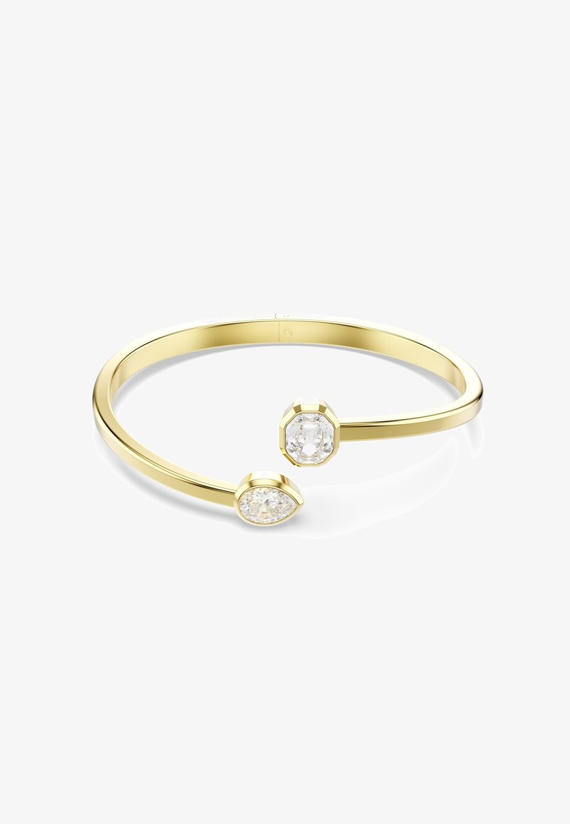 Goldarmreifen mit zwei klaren Edelsteinen: einem tropfenförmigen und einem hexagonalen, die an jedem Ende eines glatten Bands montiert sind.