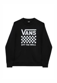 Sudadera negra de mezcla de algodón, con un gran logotipo blanco "VANS" y un patrón de tablero de ajedrez. Cuello redondo con puños y dobladillo acanalados.