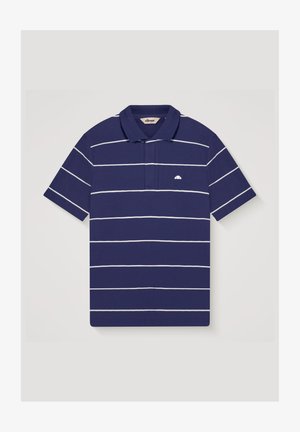 Námořnicky modrá krátká polokošile s bílými vodorovnými pruhy, límečkem a malým bílým logem na levé straně hrudi.