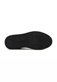 Black rubber sole with textured surface and curved shape. Features a wide, rounded toe area and a clean, smooth border for a finished look.